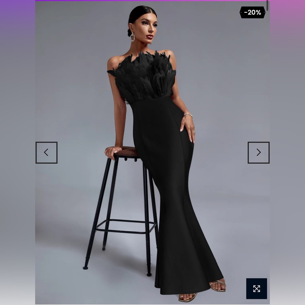 Black Strapless Feather Maxi Bandage Dress from Wolddress